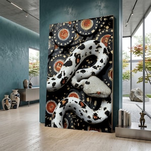May include: A canvas print showing a white snake with black spots, coiled over a pile of poker chips. The snake has a grey head and red eyes. The poker chips are black with red and white details.