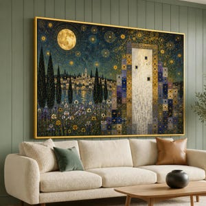May include: A rectangular wall art print in a gold frame featuring a night scene with a large yellow moon, a distant city skyline, dark cypress trees, and a foreground of flowers. The right side displays a tall, mosaic-patterned structure.