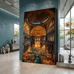 Może przedstawiać: Duży wydruk na płótnie przedstawiający wnętrze katedry z kopułą, łukowatymi oknami i skomplikowanymi detalami architektonicznymi. Obraz ma ciepłe, złote odcienie i turkusową podłogę, co wywołuje poczucie historycznego przepychu.