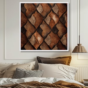 Rustiek lederen patchworkpatroon canvas, bruine vintage muurkunst, abstract huisdecor, geometrisch ontwerp canvas, klassiek interieurdecoratie afbeelding 5