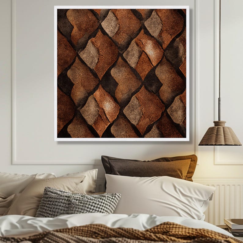 Rustiek lederen patchworkpatroon canvas, bruine vintage muurkunst, abstract huisdecor, geometrisch ontwerp canvas, klassiek interieurdecoratie afbeelding 5