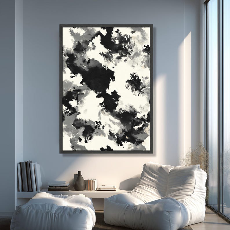 Monochrome Abstract Canvas Wall Art, Black and White Ink Splash, Modern ...