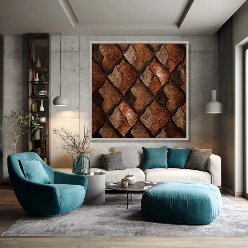 Rustiek lederen patchworkpatroon canvas, bruine vintage muurkunst, abstract huisdecor, geometrisch ontwerp canvas, klassiek interieurdecoratie afbeelding 4