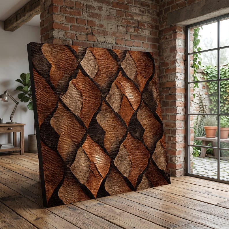 Rustiek lederen patchworkpatroon canvas, bruine vintage muurkunst, abstract huisdecor, geometrisch ontwerp canvas, klassiek interieurdecoratie afbeelding 1