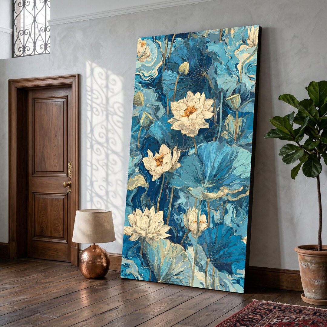 White Lotus Blue Pond Floral Canvas Wall Art, Nature Botanical Decor - Etsy