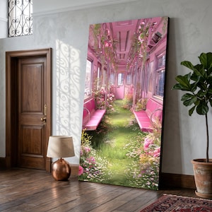 May include: A large canvas print depicts a pink subway car interior overgrown with flowers and grass. Pink benches line the sides, and floral arrangements hang from the ceiling. The artwork creates a whimsical, dreamlike scene.