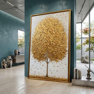 Golden Autumn Tree Canvas, Metallic Leaf Wall Art, Elegant Nature Painting, Modern Home Decor, Ready to Hang Canvas