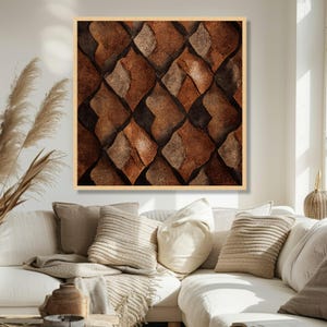 Rustiek lederen patchworkpatroon canvas, bruine vintage muurkunst, abstract huisdecor, geometrisch ontwerp canvas, klassiek interieurdecoratie afbeelding 6