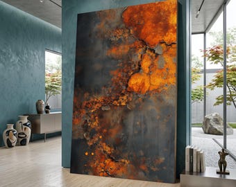 Rustieke industriële roest canvas muurkunst, abstract oranje en zwart metalen oppervlak, stedelijk decor, moderne grunge wanddecoratie