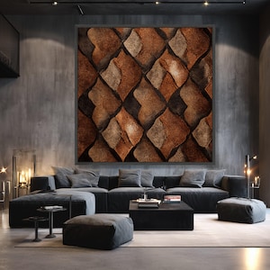 Rustiek lederen patchworkpatroon canvas, bruine vintage muurkunst, abstract huisdecor, geometrisch ontwerp canvas, klassiek interieurdecoratie afbeelding 3