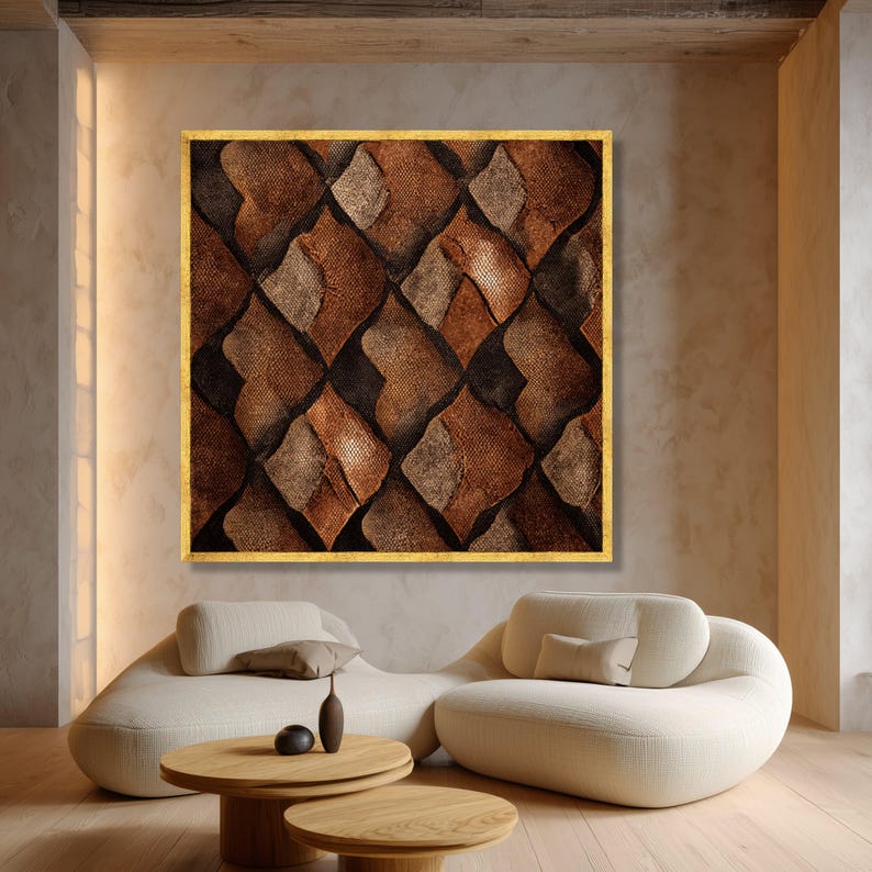 Rustiek lederen patchworkpatroon canvas, bruine vintage muurkunst, abstract huisdecor, geometrisch ontwerp canvas, klassiek interieurdecoratie afbeelding 2