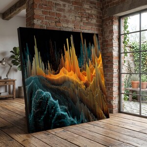 May include: A large, abstract canvas art piece featuring a 3D-rendered landscape. The artwork uses a color palette of teal, gold, and orange against a black background. The piece is displayed in a room with a brick wall and wooden floor.