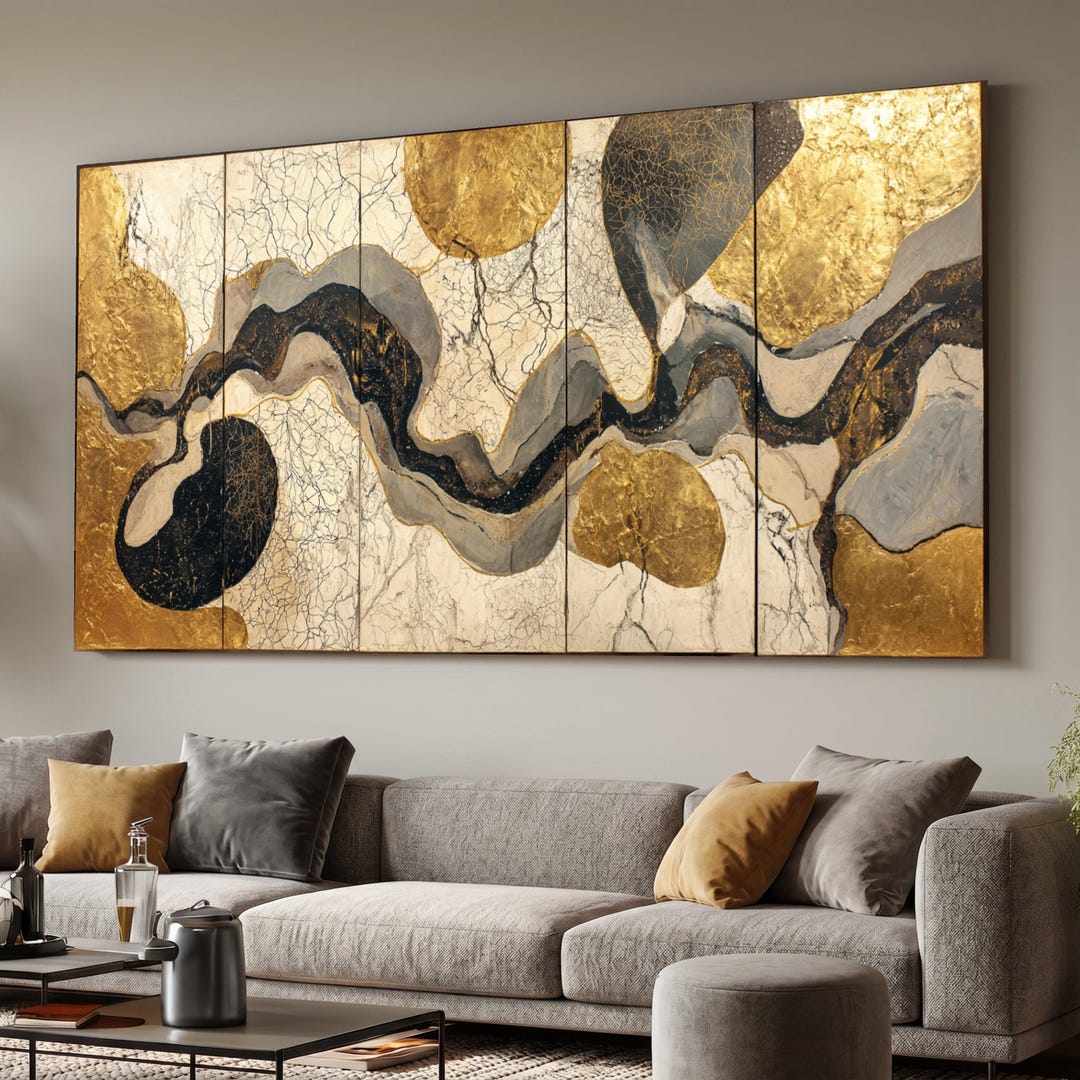 Modern Abstract Gold Flow Canvas Wall Art, Black and Gray Marble Style ...