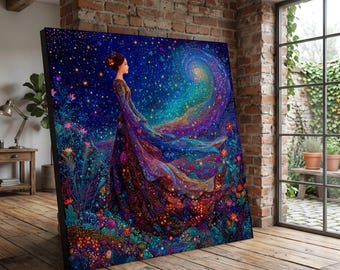 Canvaskunst mystieke vrouw, betoverde nachtelijke hemel bloemenschilderij, woondecoratie sterrenstelselscène