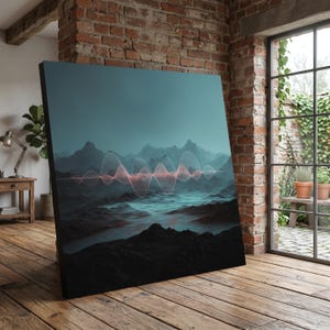 Op de afbeelding: Een grote canvas kunstprint met een berglandschap onder een turquoise lucht. Een rood-witte geluidsgolfgrafiek bedekt de bergen en het water. Het kunstwerk wordt getoond in een kamer met een bakstenen muur en houten vloer.