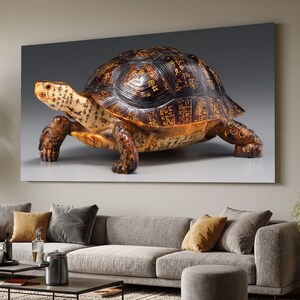 Calligraphy Turtle Sculpture Canvas Wall Art, Asian-Inspired Animal Figurine Decor, Intricate Script Design, Unique Home Accent Canvas