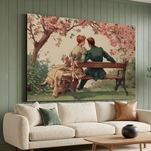 May include: A rectangular wall art print depicting a couple sitting on a park bench under a blooming pink cherry blossom tree. The person on the left wears a long beige dress with a pink ribbon, and the person on the right wears a dark teal suit.