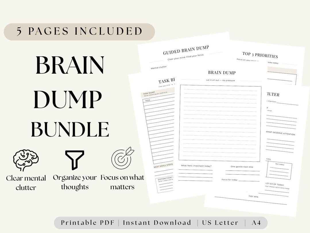 Brain Dump Planner Bundle, Mental Clarity Worksheets, ADHD Friendly ...