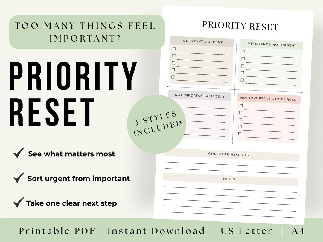 Priority Reset Worksheet, Eisenhower Matrix Planner, ADHD Task ...