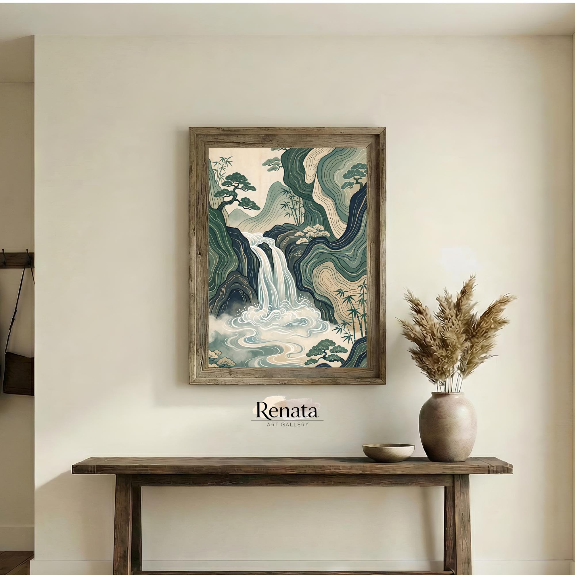 Asian Waterfall Wall Art Print, Serene Zen Landscape Artwork, Japanese ...