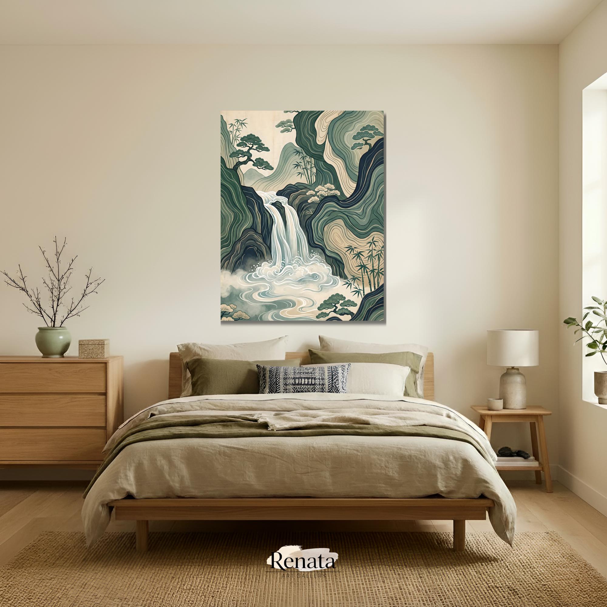 Asian Waterfall Wall Art Print, Serene Zen Landscape Artwork, Japanese ...