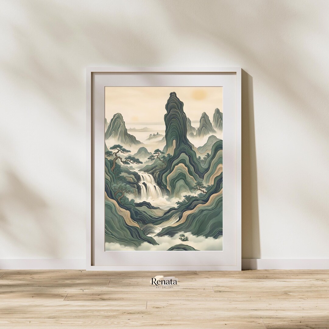Asian Mountain Landscape Print, Japanese Style Waterfall Art, Zen ...