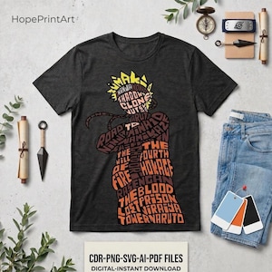 May include: Dark gray t-shirt featuring a graphic of a character from Naruto, with text in orange and brown. The text includes words like "Ninja", "Shadow", and "Naruto". The shirt is displayed with a pair of blue jeans and other accessories.