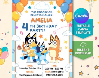 May include: A colorful birthday party invitation featuring cartoon characters, balloons, and stars. The invitation is for a 4th birthday party, with the name "Amelia" and event details. Includes "Editable Canva Template" and "Instant Download" text.