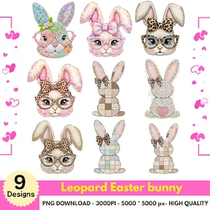 Leopard Easter Bunny PNG Bundle, 9 Trendy Easter PNG Designs, Patchwork Plaid & Girly Retro Spring Shirt Sublimation Clipart | DTF Print Use