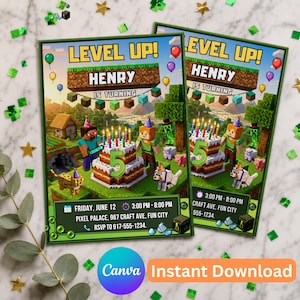 Könnte beinhalten: Zwei Geburtstagseinladungen mit Minecraft-Thema. Die Einladungen zeigen den Text "LEVEL UP! HENRY IS TURNING" und enthalten einen Kuchen mit Kerzen, Figuren und der Zahl 5. Die Einladungen enthalten auch Veranstaltungsdetails.