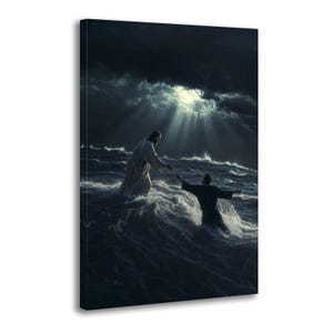 May include: A canvas print featuring a religious scene. The image shows a figure in a white robe extending a hand to another figure in dark clothing, both in rough water under a moonlit sky. The colour scheme is dark with dramatic lighting.