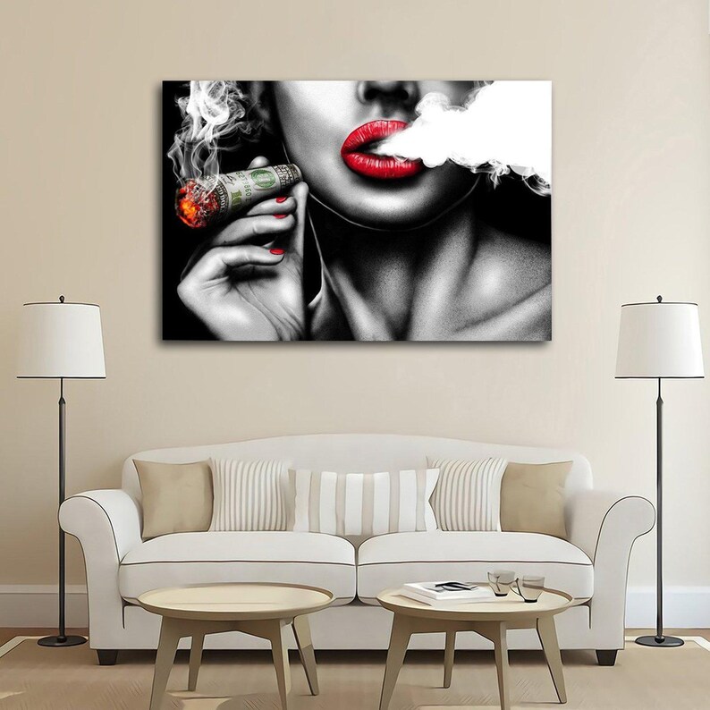 Smoky Money Art Print, Red Lips Woman Portrait, Modern Luxury Wall ...