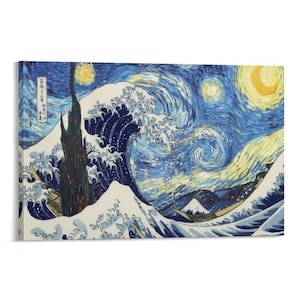 Könnte beinhalten: Leinwanddruck, der eine Fusion von Van Goghs "Sternennacht" und Hokusais "Die große Welle vor Kanagawa" zeigt. Das Kunstwerk zeigt einen wirbelnden Nachthimmel über einer großen Meereswelle, mit einem Boot und dem Berg Fuji in der Ferne. Die Farbpalette umfasst Blau-, Gelb- und Weißtöne.