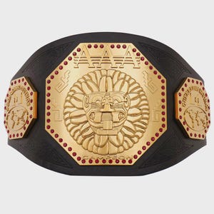 May include: A black championship belt featuring a large central gold plate with a lion head relief, the text AAA and CAMPEON, and red crystal accents. Two smaller gold side plates display a world map and the text GUERREROS DIVINOS.