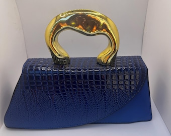 Blue Croc Embossed Top Handle Bag | Gold Statement Handle Purse | Luxury Evening Bag | Chic Shoulder Handbag | Unique Statement Clutch