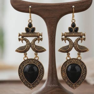Handmade Antique Gold Peacock Dangle Earrings Black Stone Tribal Drop Gift for her