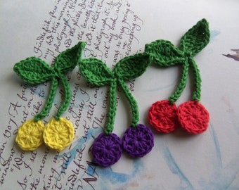 Purple, Red and Yellow Crochet Cherry Appliques. Set of Three Assorted Crochet Cherry Appliques.