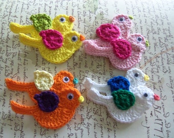 Pink, Orange, White and Yellow Crochet Bird Appliques. Crochet Bird Appliques.