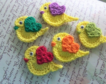 Set of Five Yellow Crochet Bird Appliques. Crochet Bird Appliques. Handmade Crochet Bird Appliques.