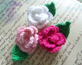 Set of Three Assorted Crochet Flower and Leaf Appliques. Crochet Flowers and Leaves. Crochet Appliques.