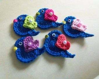 Set of Five Blue Crochet Bird Appliques. Crochet Bird Appliques. Small Blue Crochet Birds.