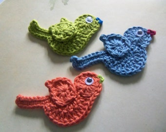 Crochet Bird Appliques. Set of Three Assorted Crochet Bird Appliques.