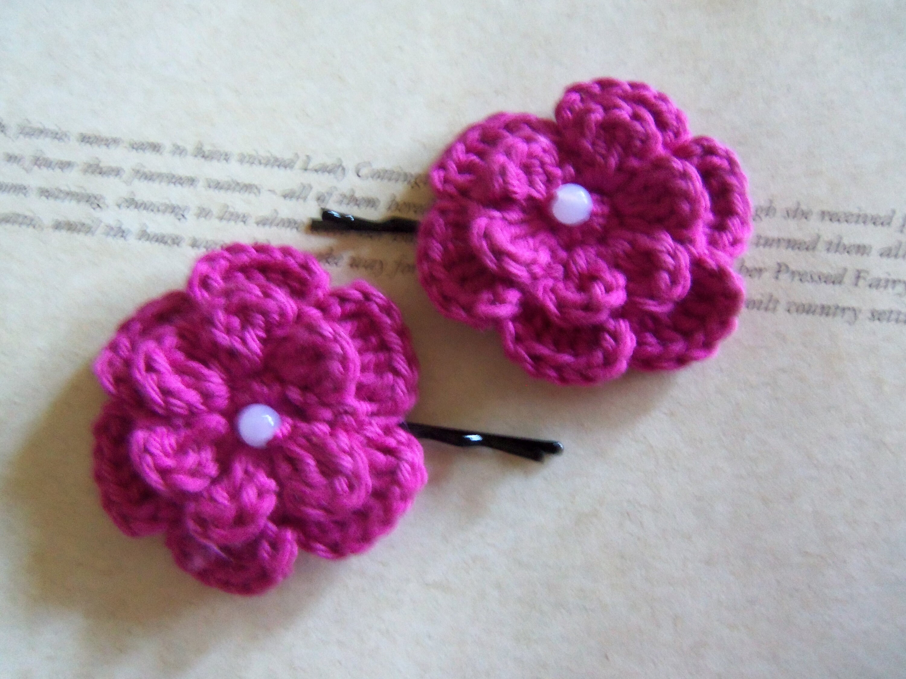 Set Of Two Hot Rose Crochet Flower Hair Pins Crochet Hair Etsy