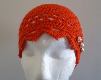 Orange  Crochet Juliet Hat. Vintage  Inspired  Crochet Hat.