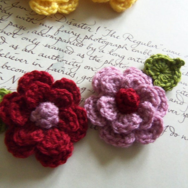 Light Lilac And Magenta Crochet Flowers Appliques. Handmade Crochet Flowers and Leafs Appliques.