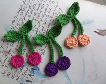 Assorted Crochet Cherry Appliques. Set of Three Assorted Crochet Cherry Appliques.