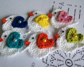 Crochet Bird Appliques. Set of Five White Crochet Bird Appliques. Handmade Bird Appliques.