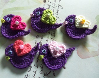 Set of Five Purple Crochet Bird Appliques. Small Crochet Bird Appliques. Purple Crochet Bird Appliques.