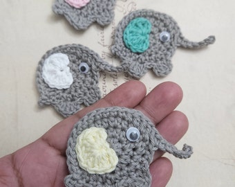 Set of Four Gray Crochet Elephant Appliques. Crochet Elephant Appliques.