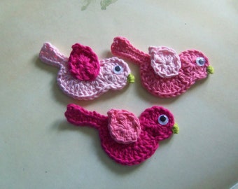 Pink Tone Crochet Bird Appliques. Set of Three Pink Tone Crochet Bird Appliques. Crochet Birds.